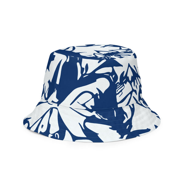 reversible bucket hat with abstract print in blue and white by The Gabrielli