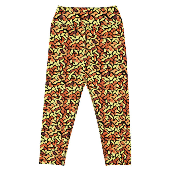 capri yoga leggings with an abstract print in orange, yellow and brown by The Gabrielli