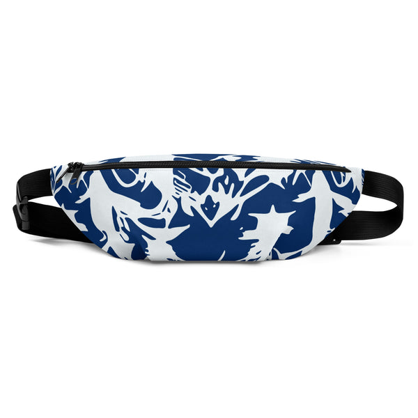 crossbody belt bag with an abstract print in blue and white by The Gabrielli