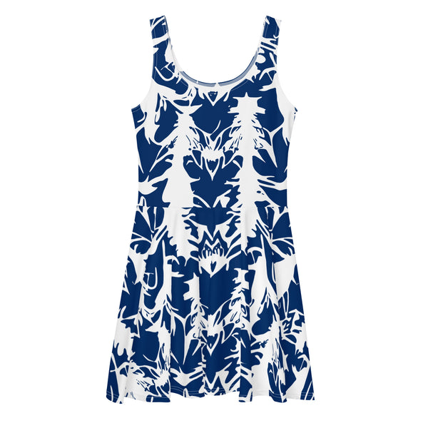 fit and flare dress with abstract print in blue and white by The Gabrielli