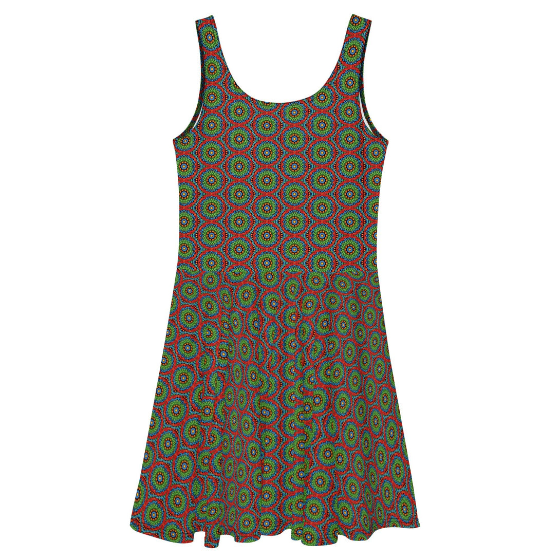 fit and flare dress UPF 50+ with an abstract print in green, blue, red and orange by The Gabrielli