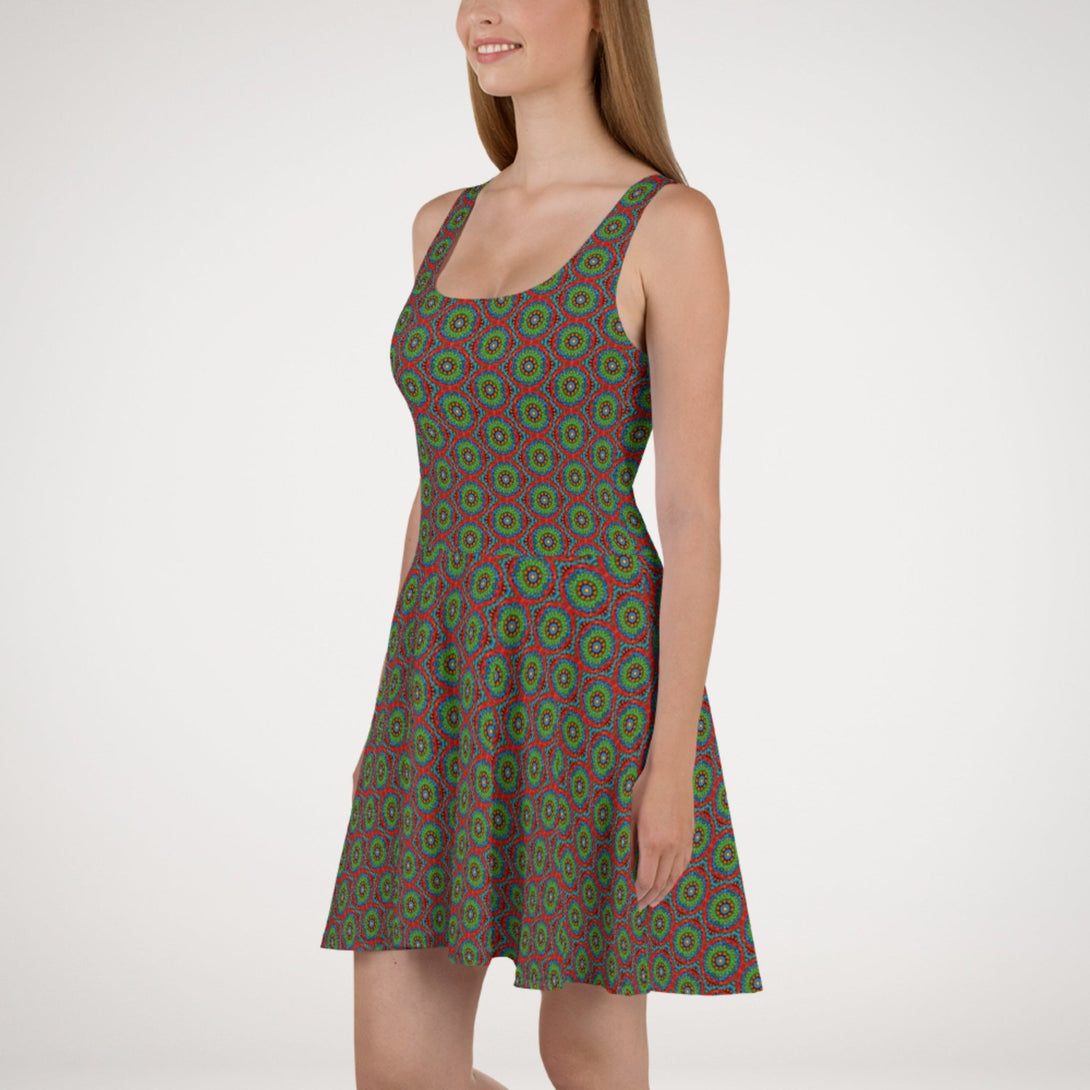 fit and flare dress UPF 50+ with an abstract print in green, blue, red and orange by The Gabrielli