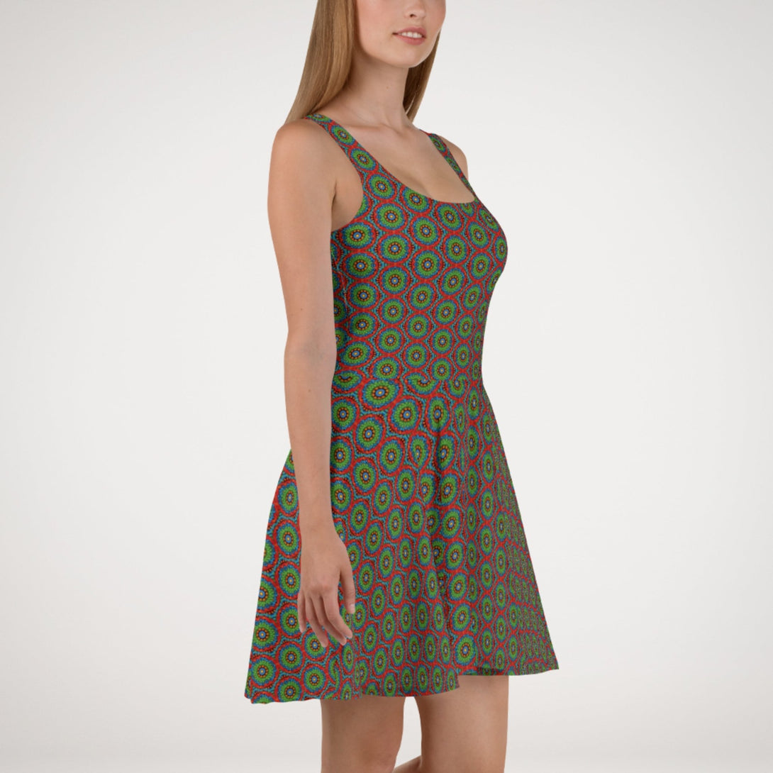 fit and flare dress UPF 50+ with an abstract print in green, blue, red and orange by The Gabrielli