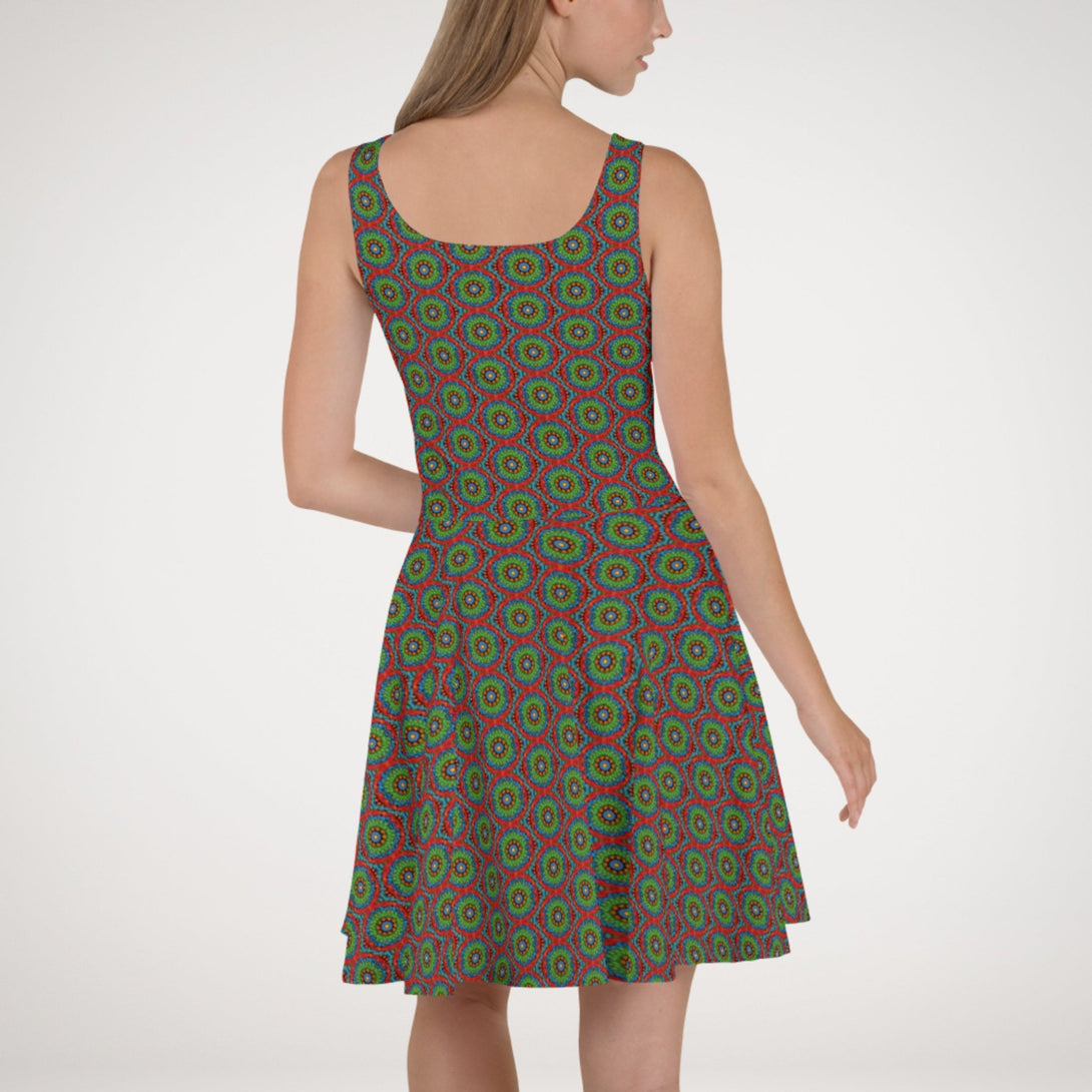 fit and flare dress UPF 50+ with an abstract print in green, blue, red and orange by The Gabrielli