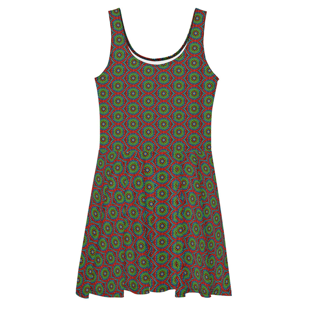 fit and flare dress UPF 50+ with an abstract print in green, blue, red and orange by The Gabrielli