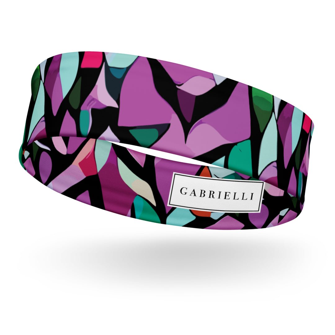 stretchy headband with a purple abstract print by The Gabrielli