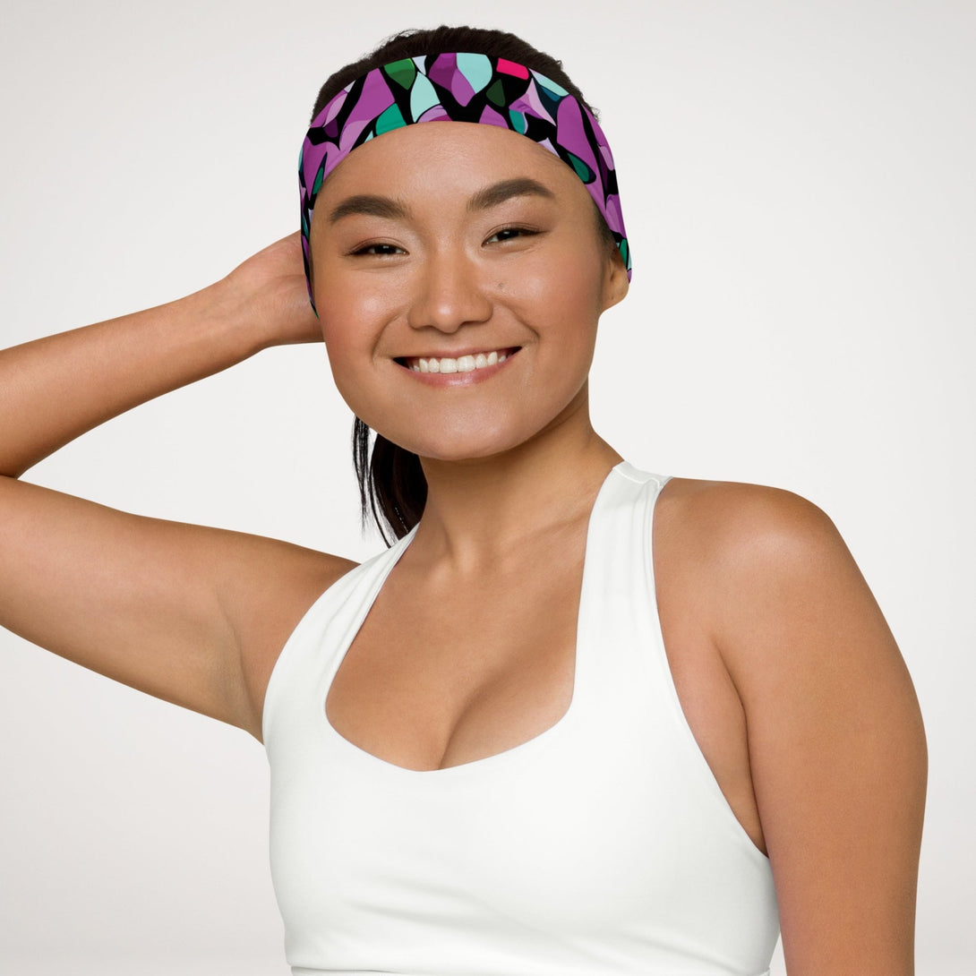 stretchy headband with a purple abstract print by The Gabrielli