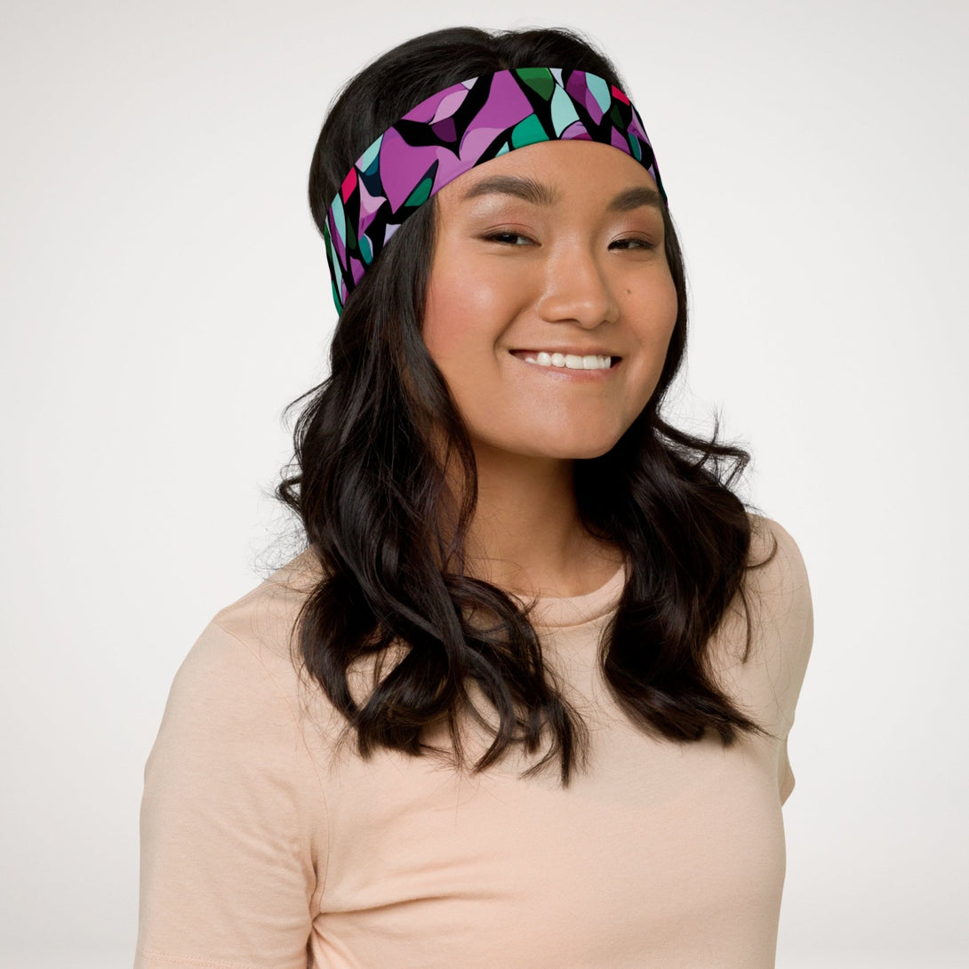 stretchy headband with a purple abstract print by The Gabrielli