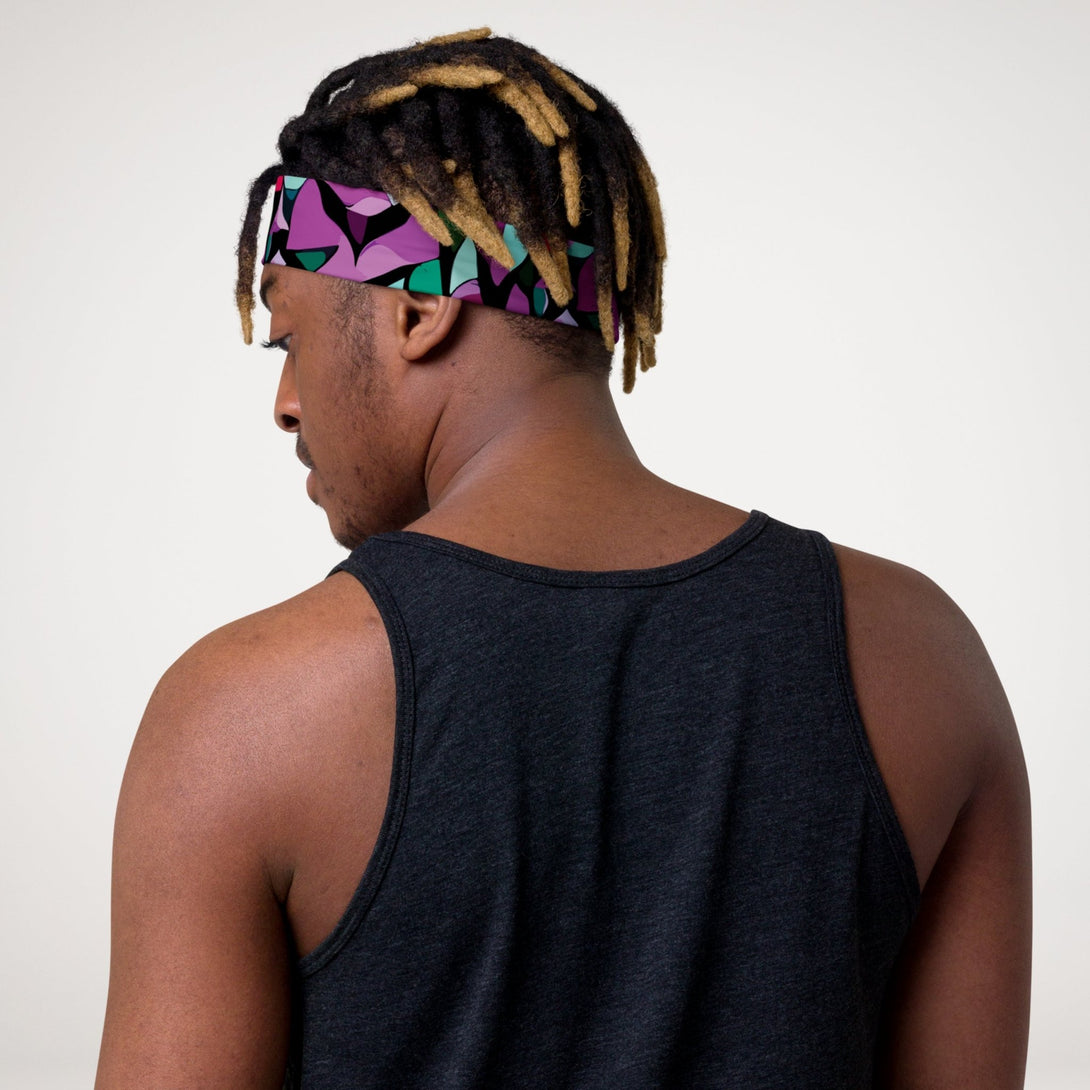 stretchy headband with a purple abstract print by The Gabrielli