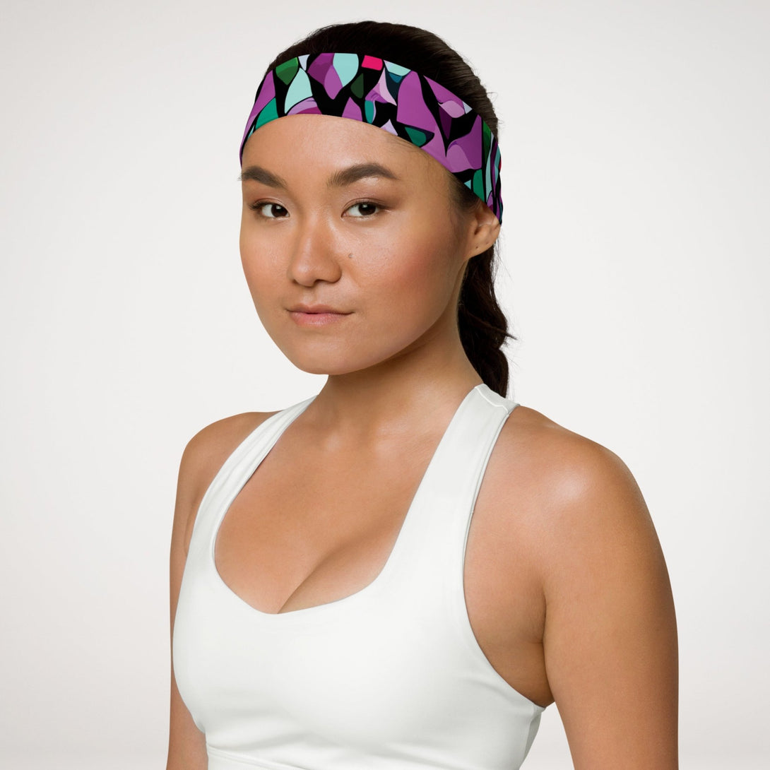 stretchy headband with a purple abstract print by The Gabrielli