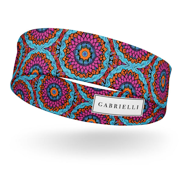 stretch headband with an abstract print in blue, pink, and orange by The Gabrielli