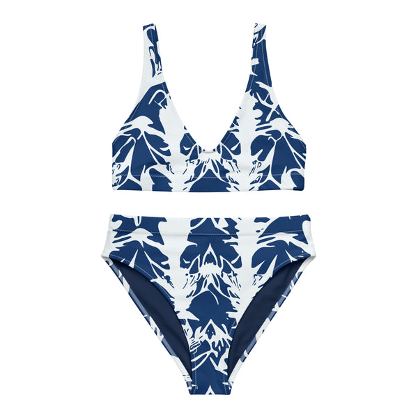 high waist bikini with abstract print in blue and white by The Gabrielli 