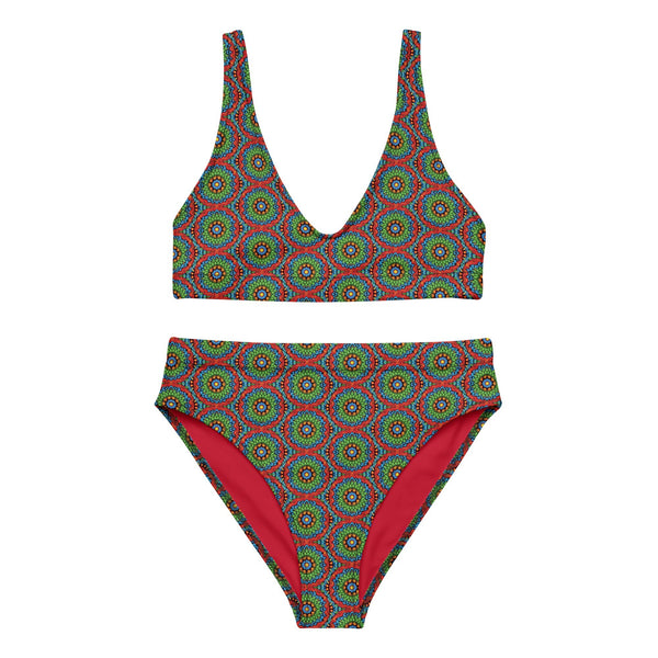 high waist bikini UPF 50+ with an abstract print in green, blue, red and orange by The Gabrielli