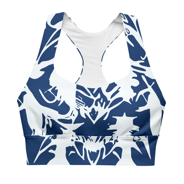 longline sports bra with abstract print in blue and white by The Gabrielli