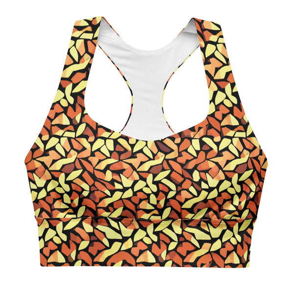 longline sports bra UPF 50+ with an abstract print in orange, yellow and brown by The Gabrielli