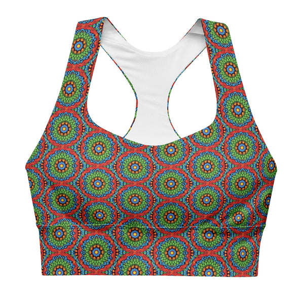 longline sports bra UPF 50+ with an abstract print in green, blue, red and orange by The Gabrielli