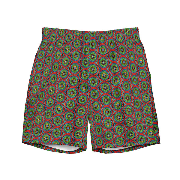 men's swim trunks UPF 50+ with an abstract print in green, blue, red and orange by The Gabrielli