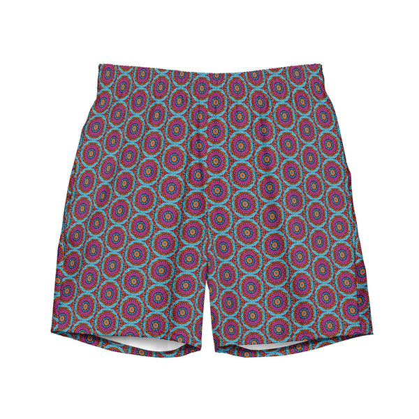 men's swim trunks UPF 50+ with an abstract print in blue, pink, and orange by The Gabrielli