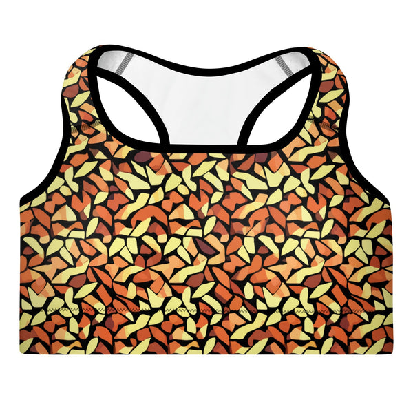 padded sports bra UPF 50+ with an abstract print in orange, yellow and brown by The Gabrielli