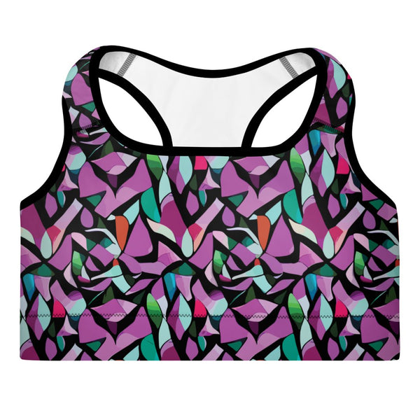 padded sports bra with a purple abstract print by The Gabrielli