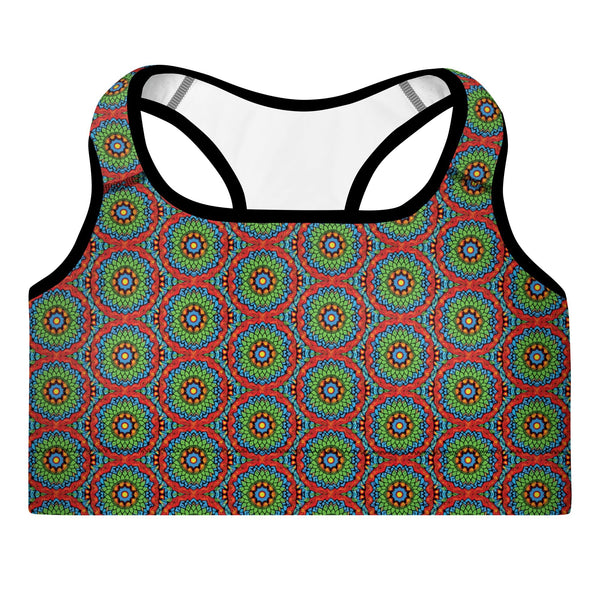 padded sports bra UPF 50+ with an abstract print in green, blue, red and orange by The Gabrielli