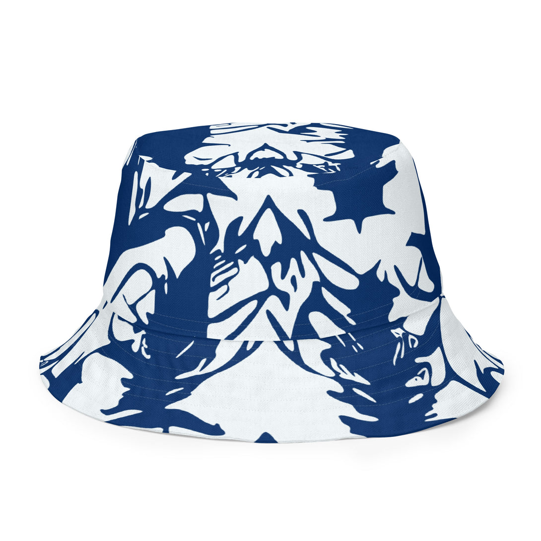 reversible bucket hat with abstract print in blue and white by The Gabrielli