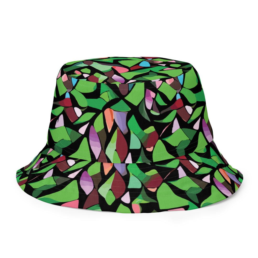 reversible bucket hat with a purple abstract print on one side and a green abstract print on the other side