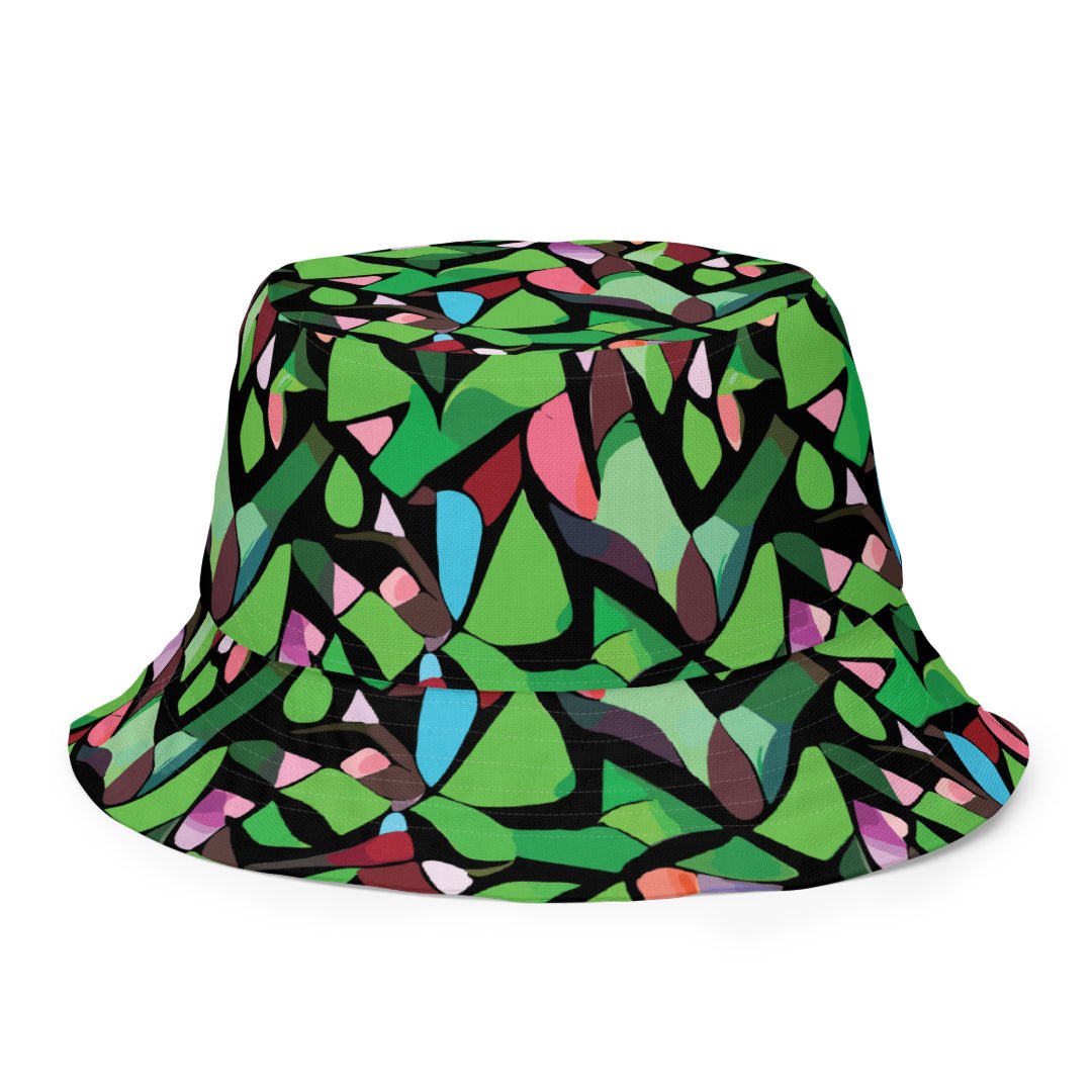 reversible bucket hat with a purple abstract print on one side and a green abstract print on the other side