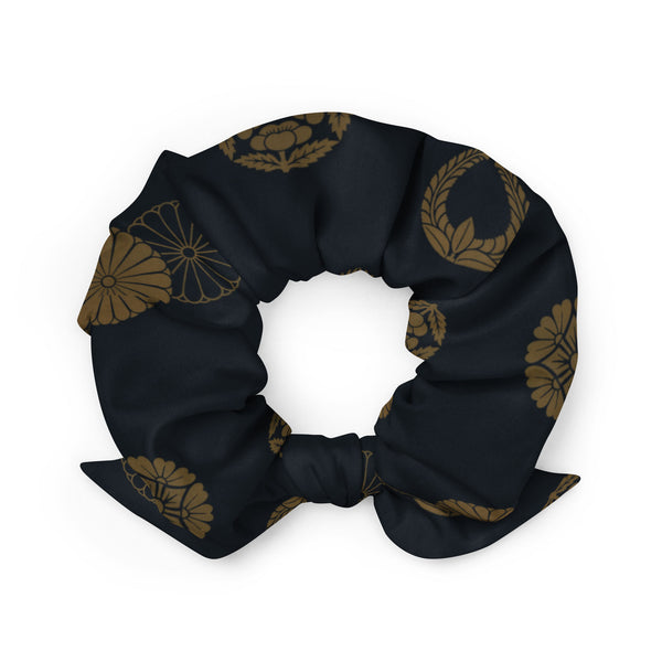  black scrunchie hair tie with a designer print by The Gabrielli