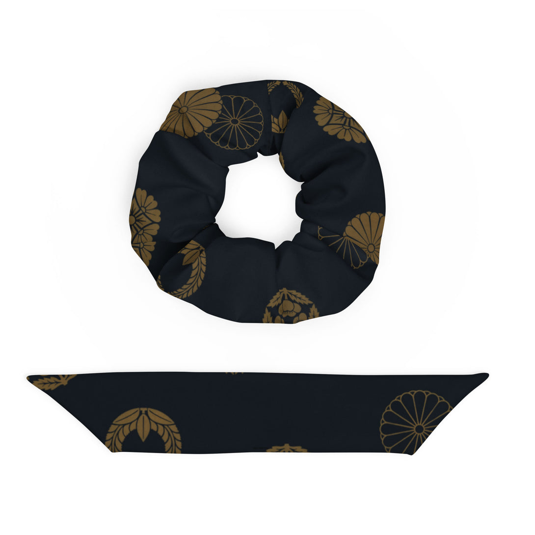  black scrunchie hair tie with a designer print by The Gabrielli