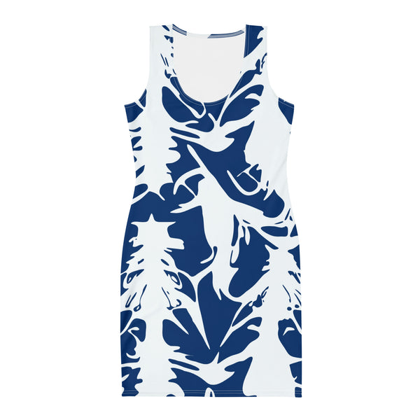 sleeveless bodycon dress with abstract print in blue and white by The Gabrielli 