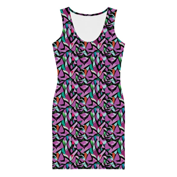 sleeveless bodycon dress with a purple abstract print by The Gabrielli