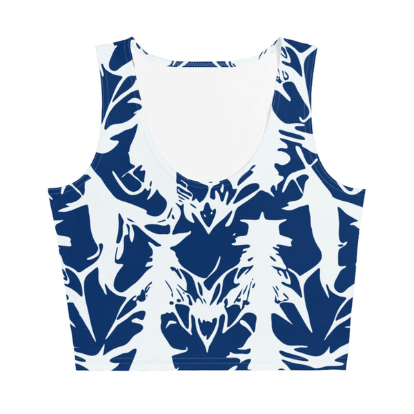 sleeveless crop top with abstract print in blue and white by The Gabrielli