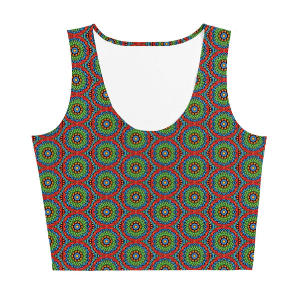 sleeveless crop top UPF 50+ with an abstract print in green, blue, red and orange by The Gabrielli