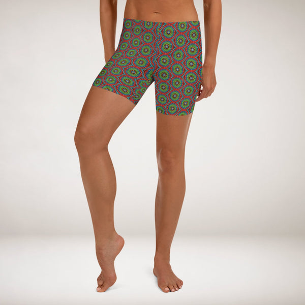 spandex shorts UPF 50+ with an abstract print in green, blue, red and orange by The Gabrielli