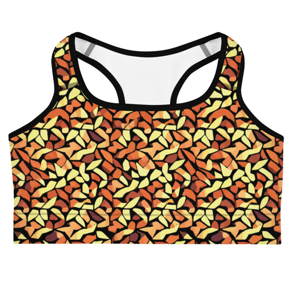 sports bra UPF 50+ with an abstract print in orange, yellow and brown by The Gabrielli