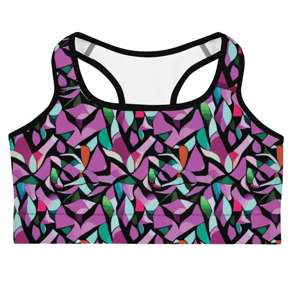 sports bra with a purple abstract print by The Gabrielli