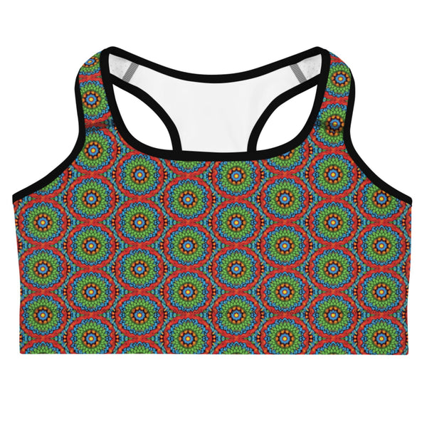 sports bra UPF 50+ with an abstract print in green, blue, red and orange by The Gabrielli