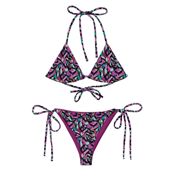 string bikini with a purple abstract print by The Gabrielli