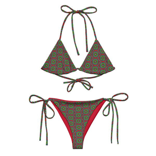 string bikini UPF 50+ with an abstract print in green, blue, red and orange by The Gabrielli