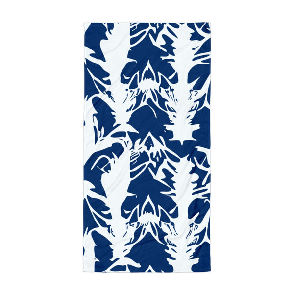 beach and bath towel with abstract print in blue and white by The Gabrielli