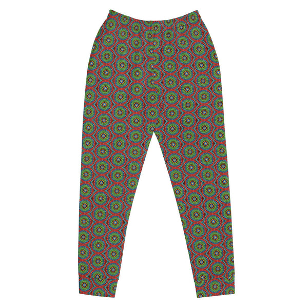 women's joggers with an abstract print in green, blue, red and orange by The Gabrielli