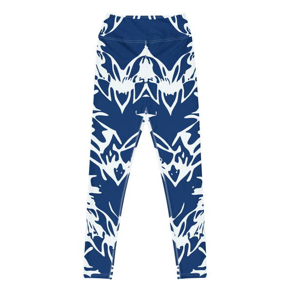 yoga leggings with abstract print in blue and white by The Gabrielli