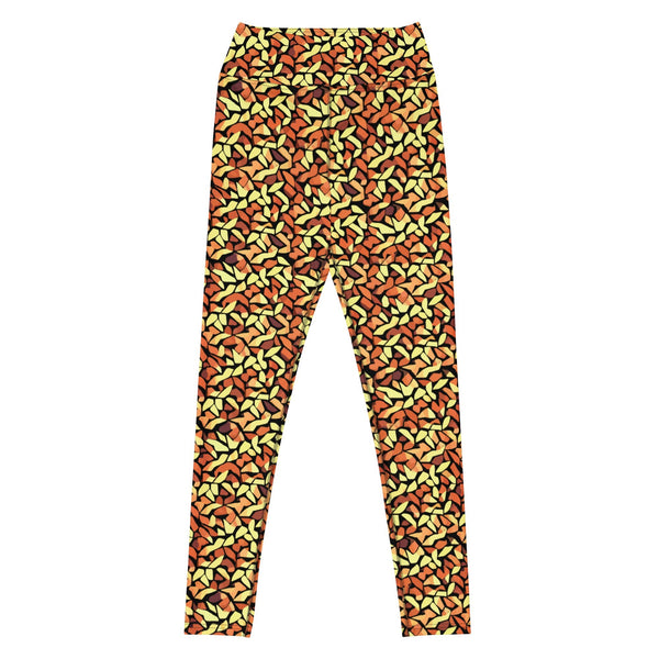 yoga leggings UPF 50+ with an abstract print in orange, yellow and brown by The Gabrielli