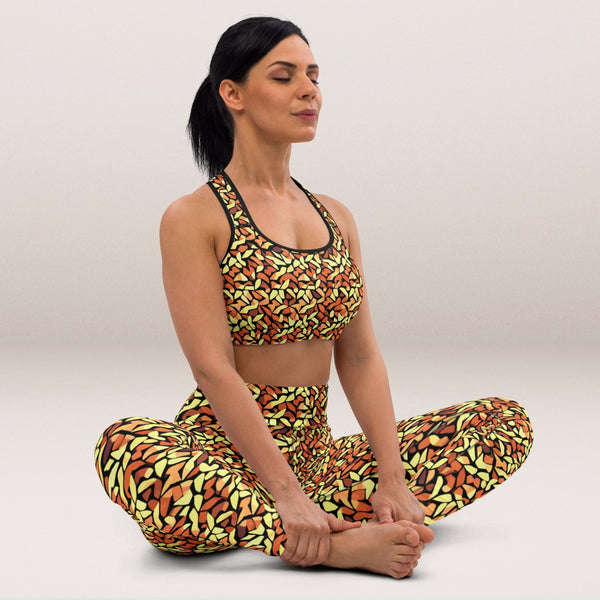 yoga set yoga leggings and sports bra with an abstract print in orange, yellow and brown by The Gabrielli