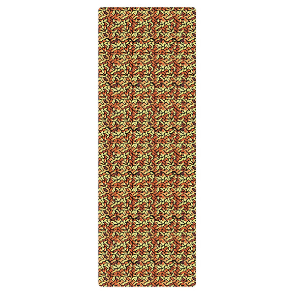 non slip yoga mat with an abstract print in orange, yellow and brown by The Gabrielli