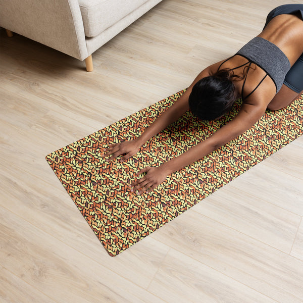 non slip yoga mat with an abstract print in orange, yellow and brown by The Gabrielli