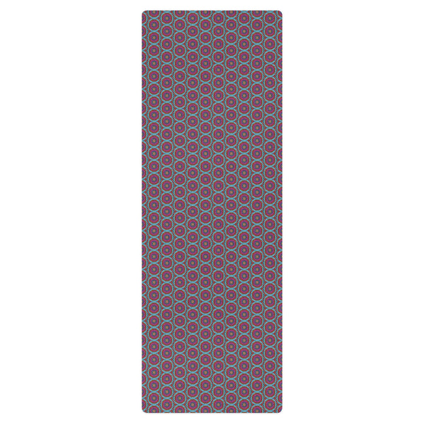 non slip yoga mat with an abstract print in blue, pink, and orange by The Gabrielli