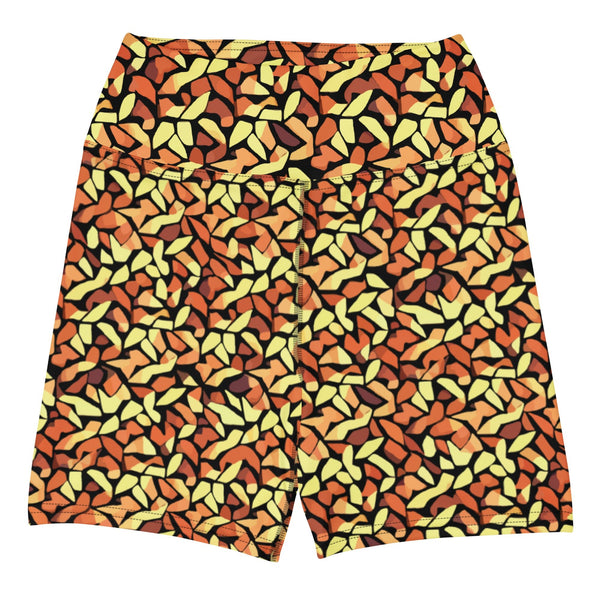 yoga shorts UPF 50+ with an abstract print in orange, yellow and brown by The Gabrielli