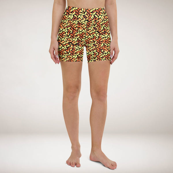 yoga shorts UPF 50+ with an abstract print in orange, yellow and brown by The Gabrielli